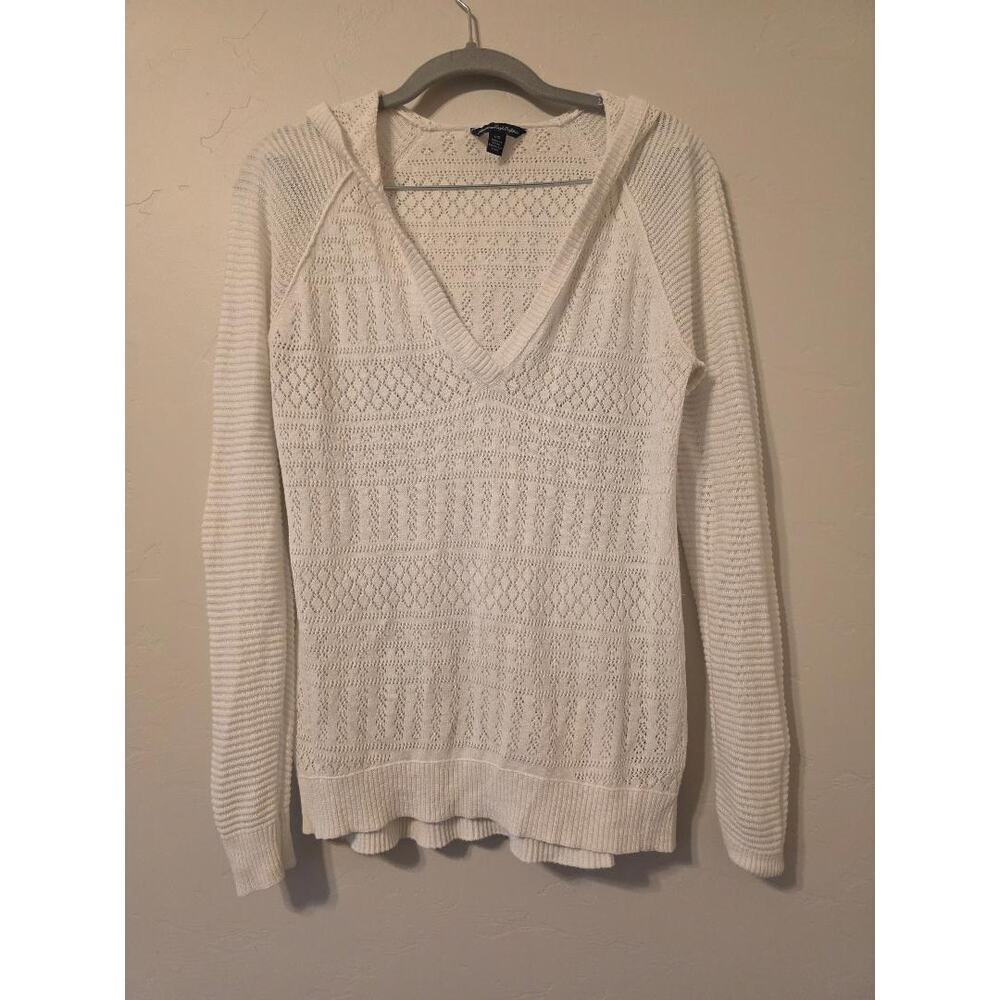 American Eagle White Knit Hooded Sweater Boho Coastal Grandpa Fairycore L